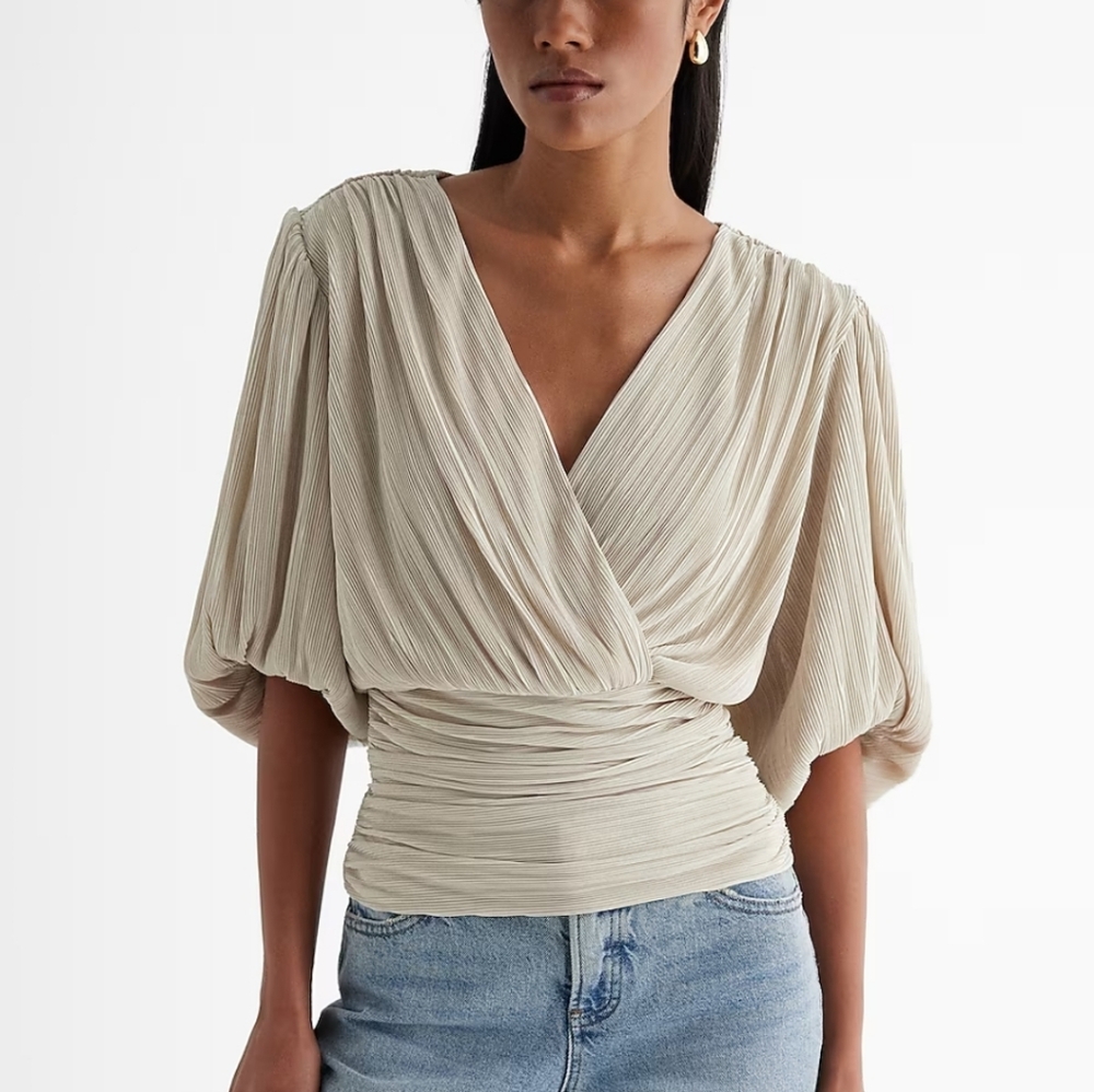 Express Pleated Draped V-Neck Puff Sleeve Faux Wrap Top, cream/beige color